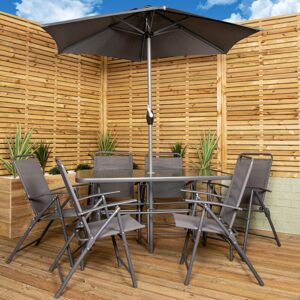 Samuel Alexander - Outdoor 6 Seater Glass Top Table and Chairs Patio Set with Parasol in Grey