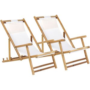 Beliani - Set of 2 Folding Sun Loungers Natural Bamboo Deck Chairs Beige Sling Atrani
