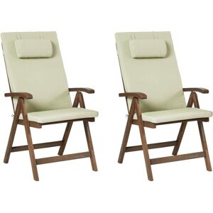 BELIANI Set of 2 Rustic Garden Chairs Natural Acacia Wood Adjustable Foldable with Armrests Green Cushions Amantea Premium