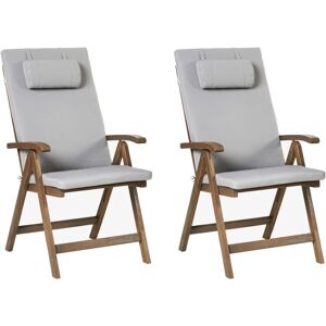 BELIANI Set of 2 Rustic Garden Chairs Natural Acacia Wood Adjustable Foldable with Armrests Light Grey Cushions Amantea Premium