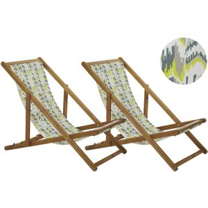 Beliani - Set of 2 Folding Deck Chairs Sun Loungers Light Acacia / Yellow and Grey Anzio