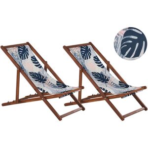 Beliani - Set of 2 Folding Deck Chairs Sun Loungers Dark Acacia / Palm Leaves Pattern Anzio