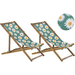 Beliani - Set of 2 Folding Deck Chairs Sun Loungers Light Acacia / Chamomile Pattern Anzio