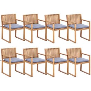 BELIANI Set of 8 Rustic Outdoor Garden Dining Chairs Light Certified Acacia Wood with Blue Cushions Sassari ii