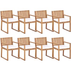 BELIANI Set of 8 Rustic Outdoor Garden Dining Chairs Light Certified Acacia Wood with Off-White Cushions Sassari ii
