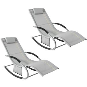 Sobuy - Set of 2 Sun Lounger Garden Chair Recliner with Cushioned Pillow & Side Pocket Garden Rocking Chair with Steel Frame Outdoor Furniture Grey