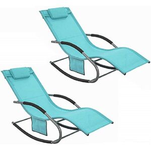 Sobuy - Set of 2 Sun Lounger Garden Chair Recliner with Cushioned Pillow & Side Pocket Garden Rocking Chair with Steel Frame Outdoor Furniture Blue