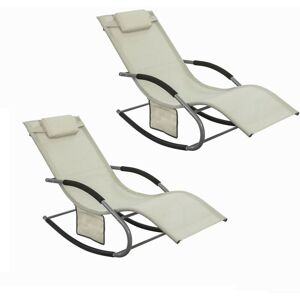 Sobuy - Set of 2 Sun Lounger Garden Chair Recliner with Cushioned Pillow & Side Pocket Garden Rocking Chair with Steel Frame Outdoor Furniture Beige