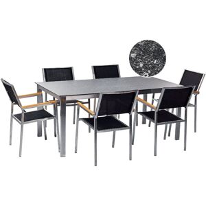 BELIANI Stainless Steel Modern 6 Seater Garden Dining Set Table Glass Top Granite Effect Textilene Chairs Black Cosoleto