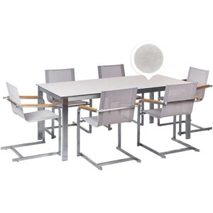 BELIANI Stainless Steel Modern 6 Seater Garden Dining Set Table Glass Top Textilene Chairs White and Beige Cosoleto