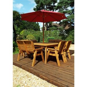 MARLBOROUGH Traditional Eight Seater Table Set with 2 x Burgundy Bench Cushion, 4 x Burgundy Chair Cushion & 1 x Burgundy Parasol & Base & 1 x Cushion Storage Bag