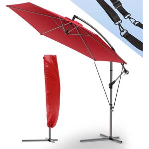 VOUNOT 3m Cantilever Garden Parasol, Banana Patio Umbrella with Crank Handle, Wind Protection Strap and Tilt, Red