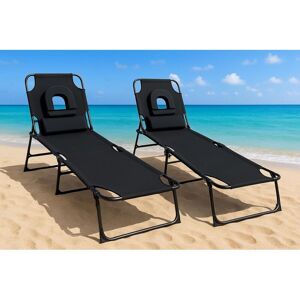 WADAN 2x Black Sun Loungers for Garden Foldable 5 Reclining Positions Sun Lounger Chair with Padded Face Hole Folding Metal Frame Extra Cushions no