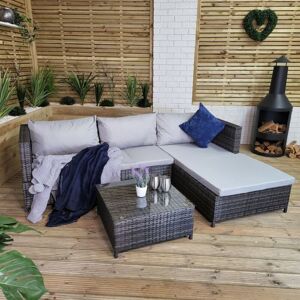 SAMUEL ALEXANDER 3PC 4 Seater Brown Rattan Chair Garden Sofa Set Daybed With Grey Cushions and Glass Top Coffee Table SAMUEL ALEXANDER 3PC 4 Seater Brown Rattan Chair Garden Sofa Set Daybed With Grey Cushions and Glass Top Coffee Table