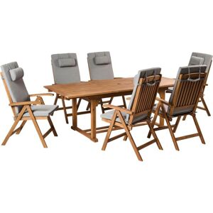 BELIANI 6 Seater Garden Dining Set Acacia Wood Foldable Chairs Grey Melange Cushions Java Premium BELIANI 6 Seater Garden Dining Set Acacia Wood Foldable Chairs Grey Melange Cushions Java Premium