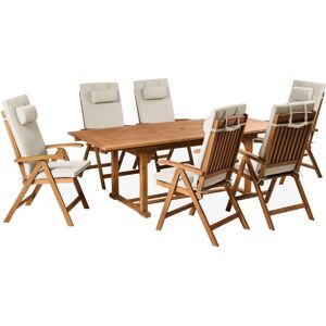 BELIANI 6 Seater Garden Dining Set Acacia Wood Foldable Chairs Taupe Cushions Java Premium BELIANI 6 Seater Garden Dining Set Acacia Wood Foldable Chairs Taupe Cushions Java Premium