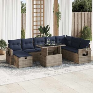Vidaxl - 9 Piece Garden Sofa Set with Cushions Grey Poly Rattan Acacia Vidaxl - 9 Piece Garden Sofa Set with Cushions Grey Poly Rattan Acacia