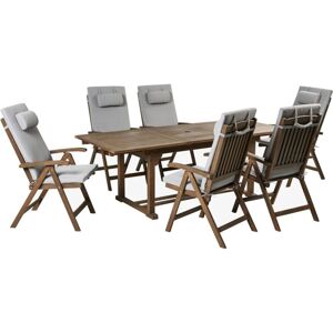 BELIANI Acacia Rustic 6 Seater Garden Dining Set Extending Table Reclining Chairs with Light Grey Cushions Amantea Premium BELIANI Acacia Rustic 6 Seater Garden Dining Set Extending Table Reclining Chairs with Light Grey Cushions Amantea Premium