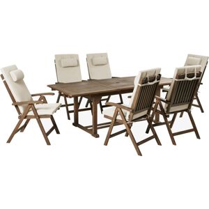 BELIANI Acacia Rustic 6 Seater Garden Dining Set Extending Table Reclining Chairs with Taupe Cushions Amantea Premium BELIANI Acacia Rustic 6 Seater Garden Dining Set Extending Table Reclining Chairs with Taupe Cushions Amantea Premium