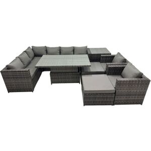 Fimous 10-seater Height Adjustable Rising Lifting Table Corner Sofa Set Rattan Garden Furniture Dining Set with 2 Big Stools Side Table Dark Grey Fimous 10-seater Height Adjustable Rising Lifting Table Corner Sofa Set Rattan Garden Furniture Dining Set with 2 Big Stools Side Table Dark Grey