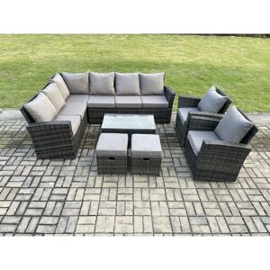 FIMOUS 10 Seater High Back Outdoor Garden Furniture Set Rattan Corner Sofa Set With Rectangular Coffee Table 2 Small Footstools 2 Armchairs Dark Grey Mixed FIMOUS 10 Seater High Back Outdoor Garden Furniture Set Rattan Corner Sofa Set With Rectangular Coffee Table 2 Small Footstools 2 Armchairs Dark Grey Mixed