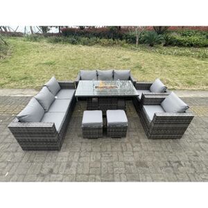 Fimous 10 Seater Outdoor PE Rattan Garden Furniture Gas Fire Pit Dining Table Set Lounge Sofa 2 PC Armchairs With 2 Stools Dark Grey Mixed Patio Fimous 10 Seater Outdoor PE Rattan Garden Furniture Gas Fire Pit Dining Table Set Lounge Sofa 2 PC Armchairs With 2 Stools Dark Grey Mixed Patio