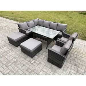 FIMOUS 10 Seater Outdoor Rattan Garden Furniture Set with Rectangular Dining Table 2 Big Footstool 2 Armchiars Patio Wicker Corner Sofa Set Dark Grey Mixed FIMOUS 10 Seater Outdoor Rattan Garden Furniture Set with Rectangular Dining Table 2 Big Footstool 2 Armchiars Patio Wicker Corner Sofa Set Dark Grey Mixed
