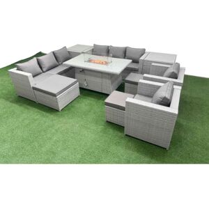 11 Seat pe Rattan Lounge Sofa Set Outdoor Garden Furniture Set with Firepit Dining Table 3 Seater Sofa 3 Footstools 2 Side Table Light Grey - Fimous 11 Seat pe Rattan Lounge Sofa Set Outdoor Garden Furniture Set with Firepit Dining Table 3 Seater Sofa 3 Footstools 2 Side Table Light Grey - Fimous
