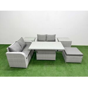 FIMOUS 5 Seater Outdoor Love Sofa Set Rattan Garden Furniture Set with Adjustable Lifting Dining or Coffee Table Big Footstool 2 Side Tables Light Grey FIMOUS 5 Seater Outdoor Love Sofa Set Rattan Garden Furniture Set with Adjustable Lifting Dining or Coffee Table Big Footstool 2 Side Tables Light Grey