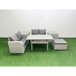 5 Seater Outdoor Love Sofa Set Rattan Garden Furniture Set with Rectangular Dining Table Big Footstool 2 Side Tables Light Grey - Fimous 5 Seater Outdoor Love Sofa Set Rattan Garden Furniture Set with Rectangular Dining Table Big Footstool 2 Side Tables Light Grey - Fimous