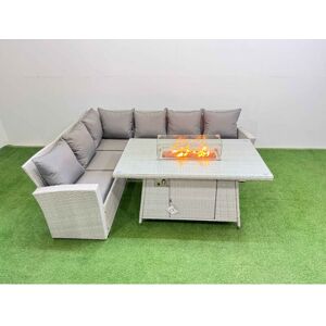 Fimous - 6 Seat Rattan Garden Furniture Corner Sofa Set Outdoor Gas Fire Pit Table Sets Light Grey Fimous - 6 Seat Rattan Garden Furniture Corner Sofa Set Outdoor Gas Fire Pit Table Sets Light Grey