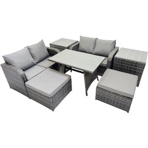 Fimous - 6 Seater Garden Outdoor Rattan Furniture Set Rattan Sofa Oblong Dining Table with 2 Side Table Dark Grey Fimous - 6 Seater Garden Outdoor Rattan Furniture Set Rattan Sofa Oblong Dining Table with 2 Side Table Dark Grey