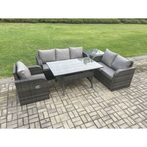6 Seater Garden Rattan Furniture Dining Table Sofa Set Indoor Outdoor with Reclining Chairs Side Table Dark Grey Mixed - Fimous 6 Seater Garden Rattan Furniture Dining Table Sofa Set Indoor Outdoor with Reclining Chairs Side Table Dark Grey Mixed - Fimous