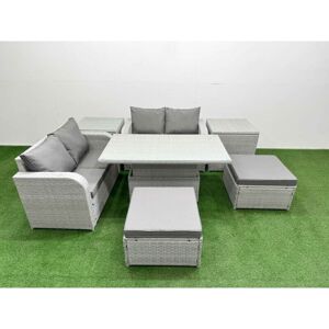 FIMOUS 6 Seater Outdoor Love Sofa Set Rattan Garden Furniture Set with Adjustable Lifting Dining or Coffee Table 2 Footstool 2 Side Tables Light Grey FIMOUS 6 Seater Outdoor Love Sofa Set Rattan Garden Furniture Set with Adjustable Lifting Dining or Coffee Table 2 Footstool 2 Side Tables Light Grey
