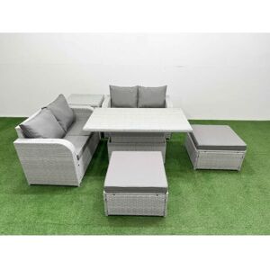 6 Seater Outdoor Love Sofa Set Rattan Garden Furniture Set with Adjustable Lifting Dining or Coffee Table 2 Footstool Side Table Light Grey - Fimous 6 Seater Outdoor Love Sofa Set Rattan Garden Furniture Set with Adjustable Lifting Dining or Coffee Table 2 Footstool Side Table Light Grey - Fimous