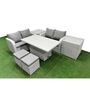 FIMOUS 6 Seater Outdoor Love Sofa Set Rattan Garden Furniture Set with Adjustable Lifting Dining or Coffee Table 2 Small Stools 2 Side Tables Light Grey FIMOUS 6 Seater Outdoor Love Sofa Set Rattan Garden Furniture Set with Adjustable Lifting Dining or Coffee Table 2 Small Stools 2 Side Tables Light Grey