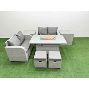6 Seater Outdoor Love Sofa Set Rattan Garden Furniture Set with Firepit Dining Table 2 Small Stools 2 Side Tables Light Grey - Fimous 6 Seater Outdoor Love Sofa Set Rattan Garden Furniture Set with Firepit Dining Table 2 Small Stools 2 Side Tables Light Grey - Fimous