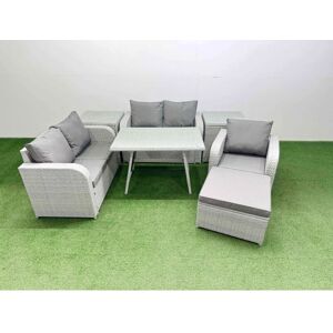 FIMOUS 6 Seater Outdoor Rattan Garden Furniture Set Love Sofa Reclining Chair Set with Rectangular Dining Table 2 Side Tables Big Footstool Light Grey FIMOUS 6 Seater Outdoor Rattan Garden Furniture Set Love Sofa Reclining Chair Set with Rectangular Dining Table 2 Side Tables Big Footstool Light Grey