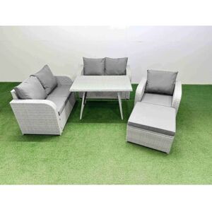6 Seater Outdoor Rattan Garden Furniture Set Love Sofa Reclining Chair Set with Rectangular Dining Table Big Footstool Light Grey - Fimous 6 Seater Outdoor Rattan Garden Furniture Set Love Sofa Reclining Chair Set with Rectangular Dining Table Big Footstool Light Grey - Fimous