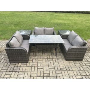 6 Seater Outdoor Rattan Garden Furniture Set with Patio Love Sofa Rectangular Dining Table 2 Side Tables Dark Grey Mixed - Fimous 6 Seater Outdoor Rattan Garden Furniture Set with Patio Love Sofa Rectangular Dining Table 2 Side Tables Dark Grey Mixed - Fimous