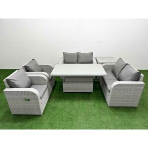 FIMOUS 6 Seater Outdoor Reclining Chair Love Sofa Set Rattan Garden Furniture Set with Adjustable Lifting Dining or Coffee Table Side Table Light Grey FIMOUS 6 Seater Outdoor Reclining Chair Love Sofa Set Rattan Garden Furniture Set with Adjustable Lifting Dining or Coffee Table Side Table Light Grey
