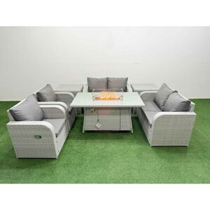 6 Seater Outdoor Reclining Chair Love Sofa Set Rattan Garden Furniture Set with Firepit Dining Table 2 Side Tables Light Grey - Fimous 6 Seater Outdoor Reclining Chair Love Sofa Set Rattan Garden Furniture Set with Firepit Dining Table 2 Side Tables Light Grey - Fimous