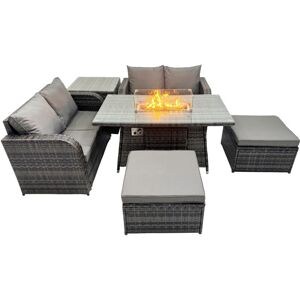 6-seater Patio Gas Firpit Dining Table Sofa Sets Rattan Garden Furniture Dining Set with 2 Big Stools Side Tables Dark Grey Mixed - Fimous 6-seater Patio Gas Firpit Dining Table Sofa Sets Rattan Garden Furniture Dining Set with 2 Big Stools Side Tables Dark Grey Mixed - Fimous