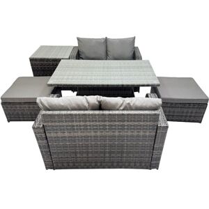 FIMOUS 6-seater Patio Height Adjustable Rising Lifting Table Sofa Sets Rattan Garden Furniture Dining Set with 2 Big Stools Side Table Dark Grey Mixed FIMOUS 6-seater Patio Height Adjustable Rising Lifting Table Sofa Sets Rattan Garden Furniture Dining Set with 2 Big Stools Side Table Dark Grey Mixed