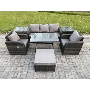 FIMOUS 6 Seater Rattan Wicker Garden Furniture Patio Conservatory Sofa Set with Rectangular Dining Table Reclining Chair 3 Seater Sofa Big Footstool 2 Side FIMOUS 6 Seater Rattan Wicker Garden Furniture Patio Conservatory Sofa Set with Rectangular Dining Table Reclining Chair 3 Seater Sofa Big Footstool 2 Side