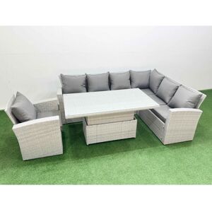 7 Seat Rattan Garden Furniture Corner Sofa Set Outdoor Adjustable Lifting Dining or Coffee Table Set with Armchair Light Grey - Fimous 7 Seat Rattan Garden Furniture Corner Sofa Set Outdoor Adjustable Lifting Dining or Coffee Table Set with Armchair Light Grey - Fimous