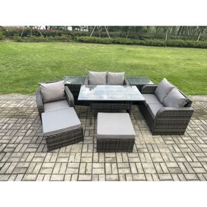 FIMOUS 7 Seater Lounge Rattan Sofa Set Outdoor Garden Furniture Oblong Rectangular Dining Table With Chairs 2 Big Footstool 2 Side Tables Dark Grey Mixed FIMOUS 7 Seater Lounge Rattan Sofa Set Outdoor Garden Furniture Oblong Rectangular Dining Table With Chairs 2 Big Footstool 2 Side Tables Dark Grey Mixed