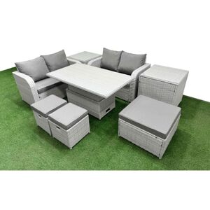 FIMOUS 7 Seater Outdoor Love Sofa Set Rattan Garden Furniture Set with Adjustable Lifting Dining or Coffee Table 3 Footstool 2 Side Tables Light Grey FIMOUS 7 Seater Outdoor Love Sofa Set Rattan Garden Furniture Set with Adjustable Lifting Dining or Coffee Table 3 Footstool 2 Side Tables Light Grey