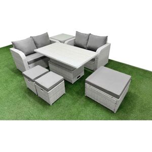 7 Seater Outdoor Love Sofa Set Rattan Garden Furniture Set with Adjustable Lifting Dining or Coffee Table 3 Footstool Side Table Light Grey - Fimous 7 Seater Outdoor Love Sofa Set Rattan Garden Furniture Set with Adjustable Lifting Dining or Coffee Table 3 Footstool Side Table Light Grey - Fimous