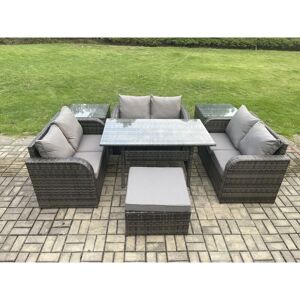 7 Seater Outdoor Rattan Garden Furniture Set with Patio Rectangular Dining Table Love Sofa 2 Side Tables Big Footstool Dark Grey Mixed - Fimous 7 Seater Outdoor Rattan Garden Furniture Set with Patio Rectangular Dining Table Love Sofa 2 Side Tables Big Footstool Dark Grey Mixed - Fimous